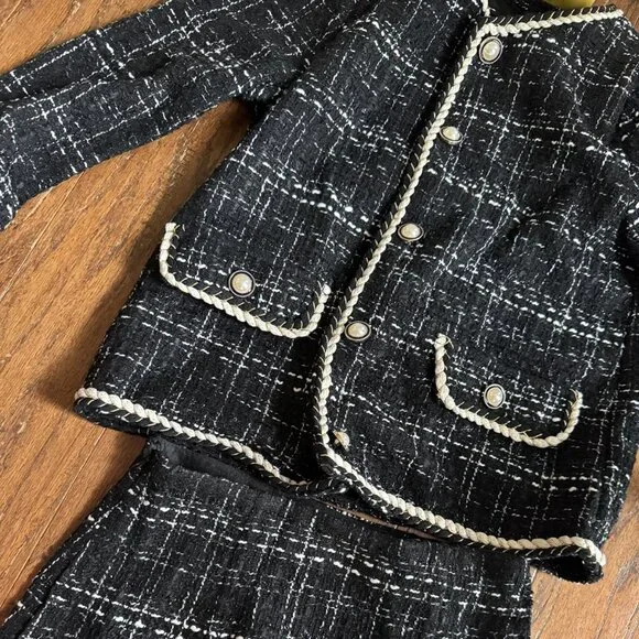 2 Piece Outfits Plaid Button Front Long Sleeve Tweed Set Suit